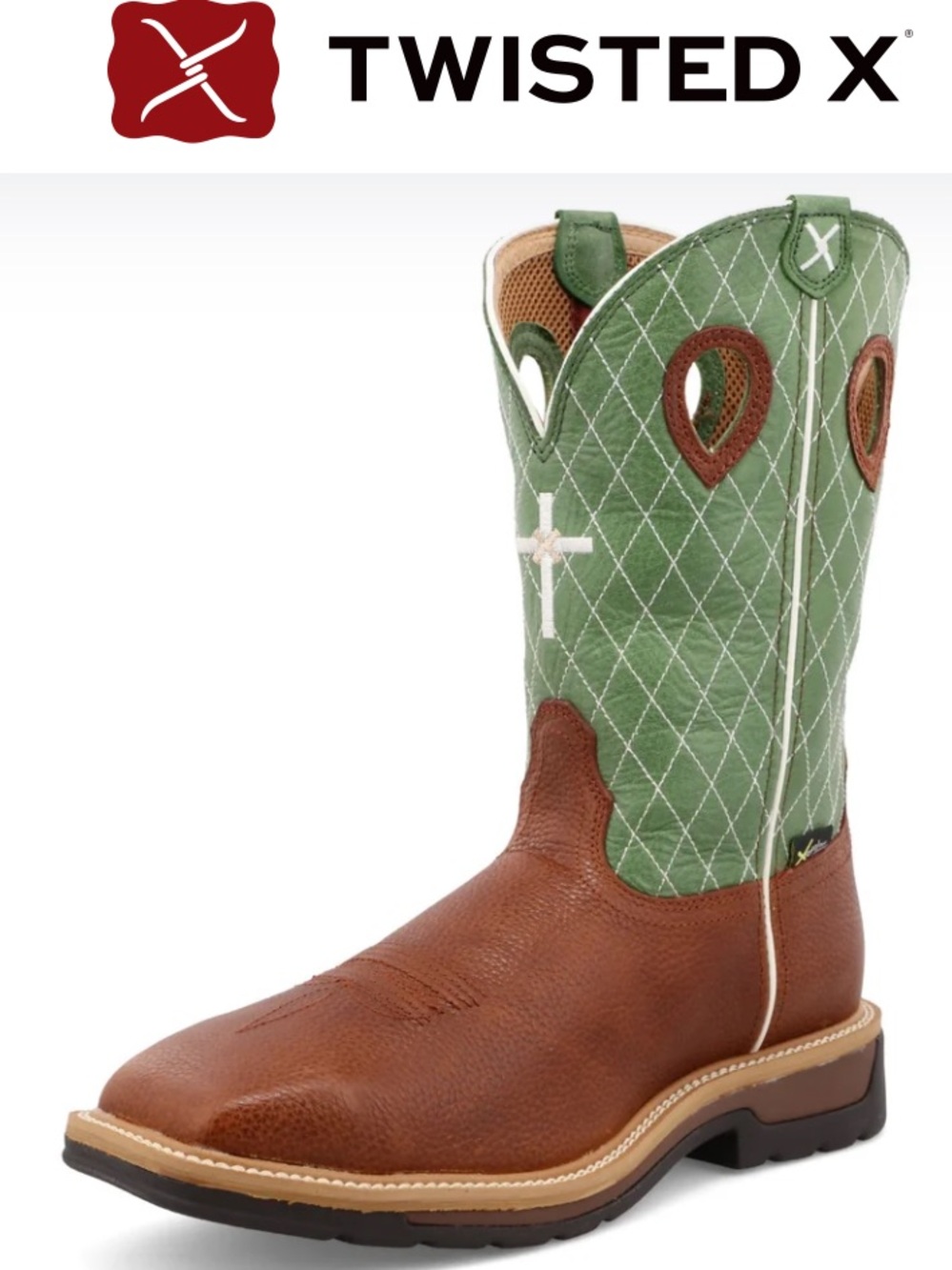 Twisted X Brown Leather Cowboy Boot with Green Quilted Shaft size 15 EE